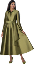 Load image into Gallery viewer, Olive A-Line Dress with sash belt. Hidden snaps. Lapel collar and cuff sleeves. 