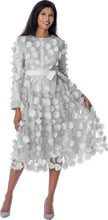 Load image into Gallery viewer, Novelty circle pattern 3D fabric. Silver dress with rhinestone buttons above the waist. Sash belt. 