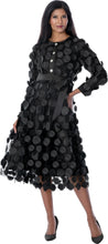 Load image into Gallery viewer, Novelty circle pattern 3D fabric. Black dress with rhinestone buttons above the waist. Sash belt. 