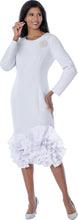 Load image into Gallery viewer, White Scuba dress with long sleeves, rhinestone sunburst brooch and large floral fabric pattern at the hem of the skirt
