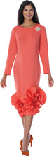 Load image into Gallery viewer, Coral Scuba dress with long sleeves, rhinestone sunburst brooch and large floral fabric pattern at the hem of the skirt
