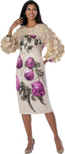 Load image into Gallery viewer, Tan sheath dress with purple floral printed design. Tan novelty circle pattern fabric above the chest and the sleeves. 