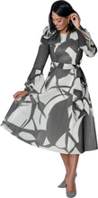 Load image into Gallery viewer, Lined mesh A-line dress in black and white abstract pattern. Flare sleeves  and fabric flower shoulder embellishment. Sash belt. 